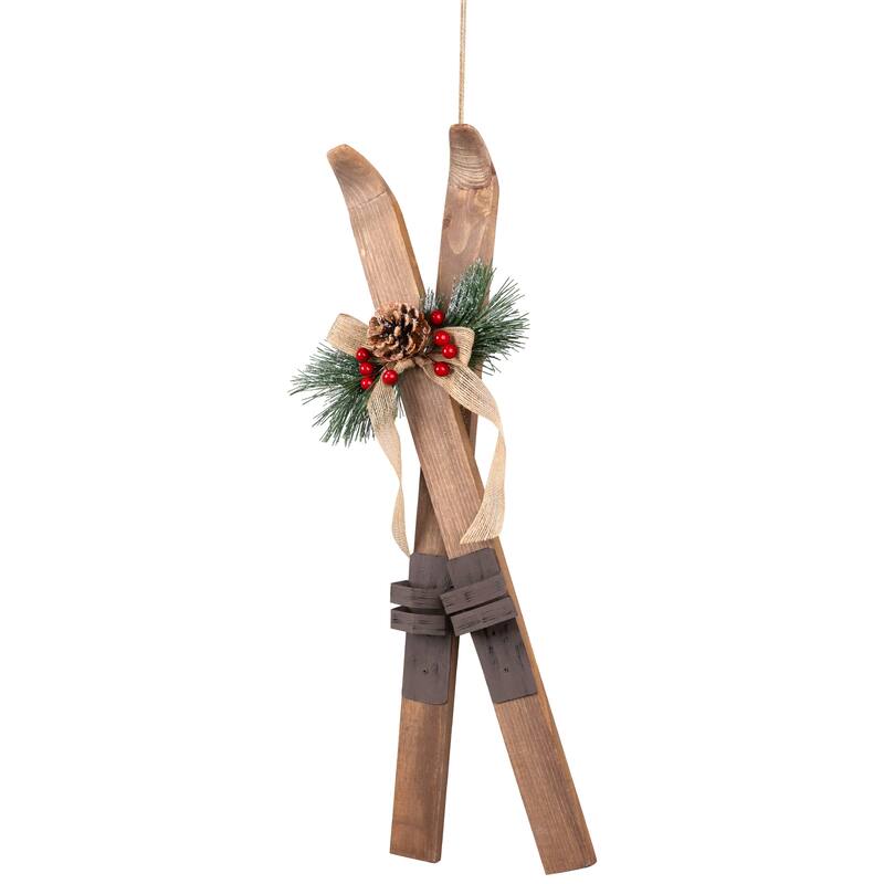 Snow Skis with Burlap Bow Wooden Christmas Decoration - 23.5"