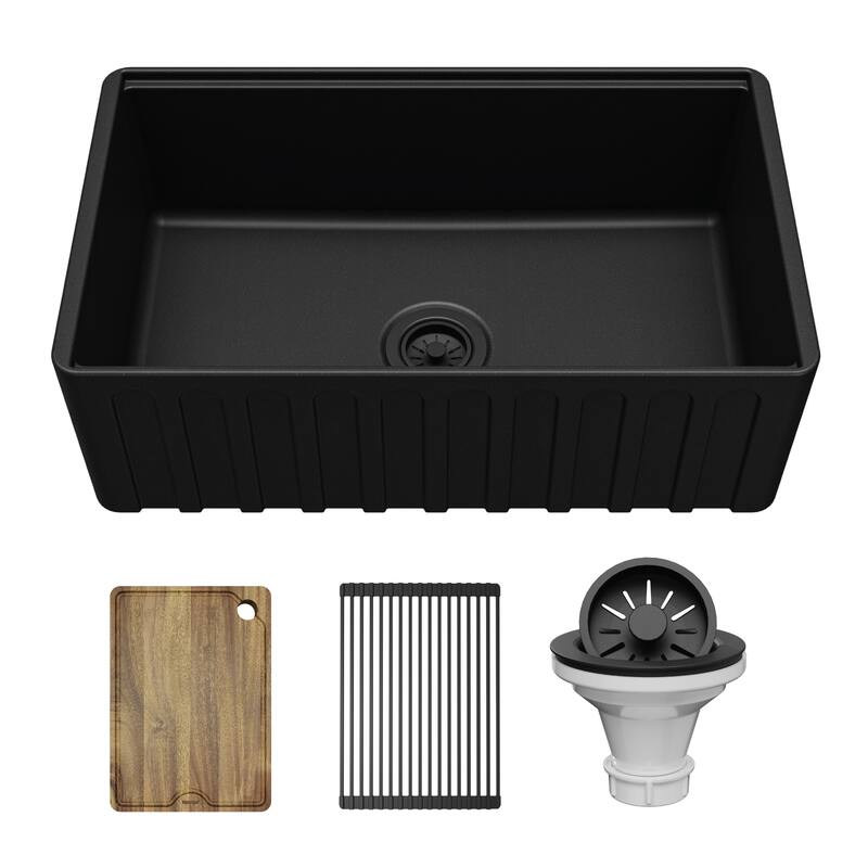 Karran 30" Single Bowl Workstation Fireclay Kitchen Sink with Reversible Fluted Apron Front - Matte Black