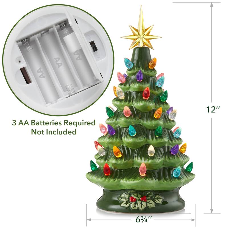 12in Hand Painted Ceramic Christmas Tree PreLit Tree with Star