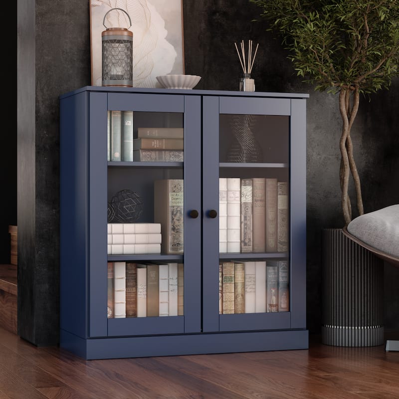 100% Solid Wood 3-shelf Bookcase with Optional Doors by Palace Imports - Clear Glass Doors - Navy
