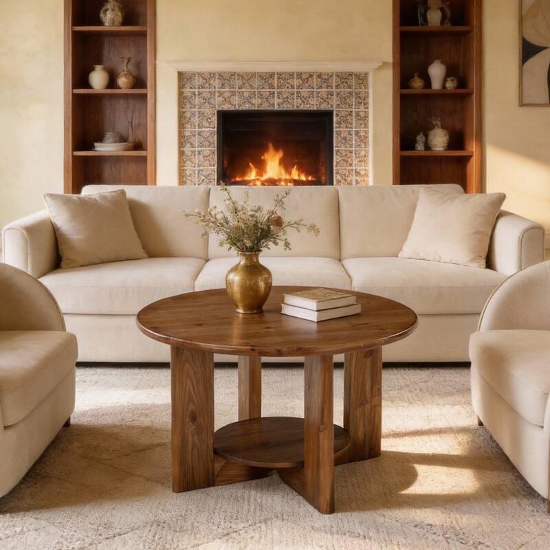 Farmhouse Round Coffee Table with 2-Tier Storage for Living Room