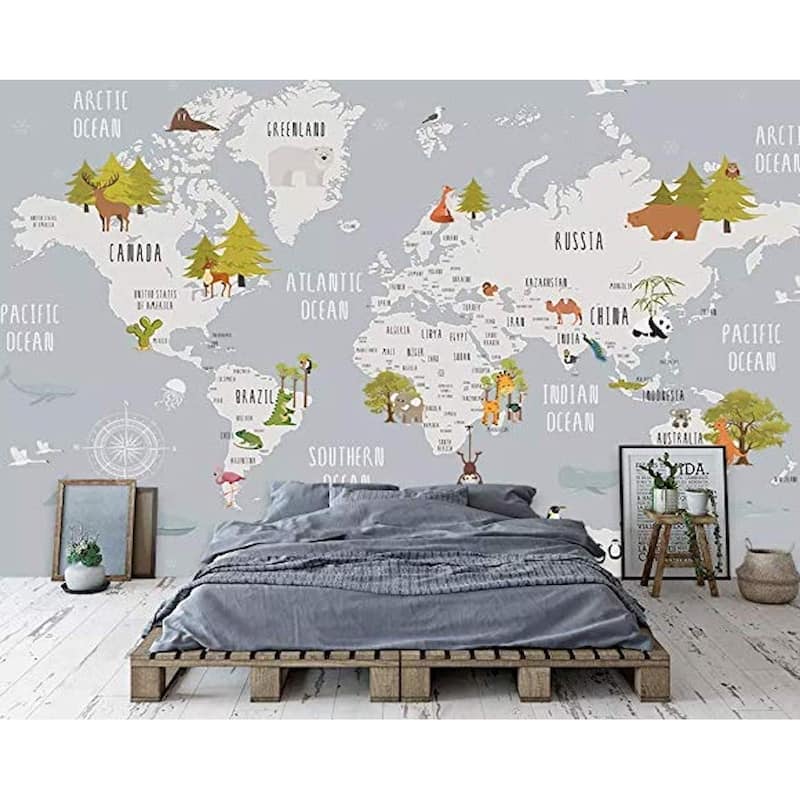 GK Wall Design World Map and Animal Kids Removable Wallpaper - H:98"  x W:150" - LIGHT GREY