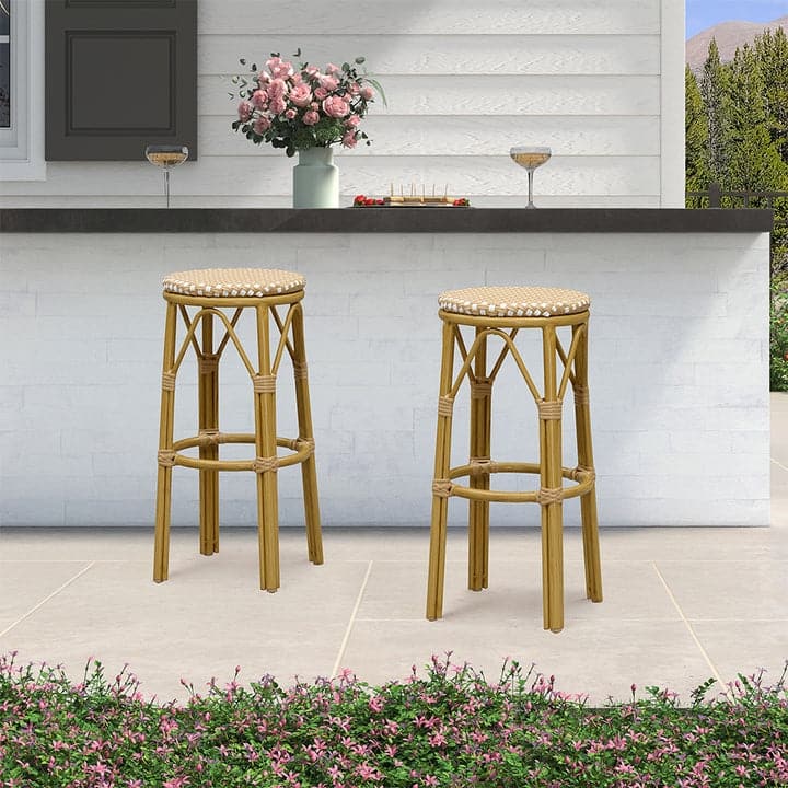 PURPLE LEAF Patio Bar Stools Set of 2 Handwoven Wicker Bar Height Stool Modern Aluminum High Bar Chairs