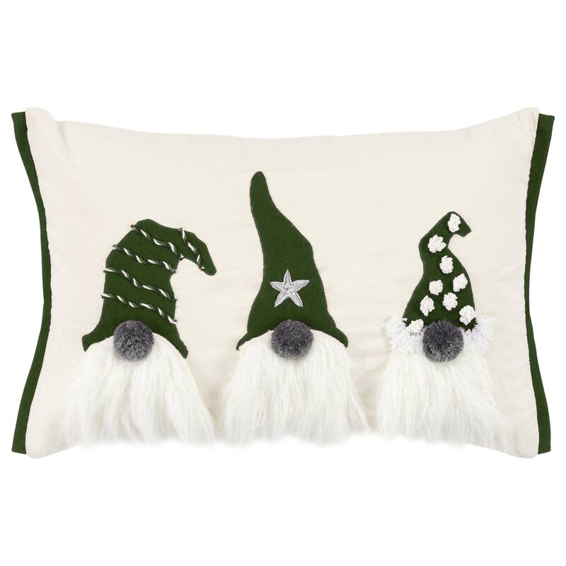 14" X 20" Green And Ivory Cotton Christmas Gnomes Throw Pillow With Embroidery