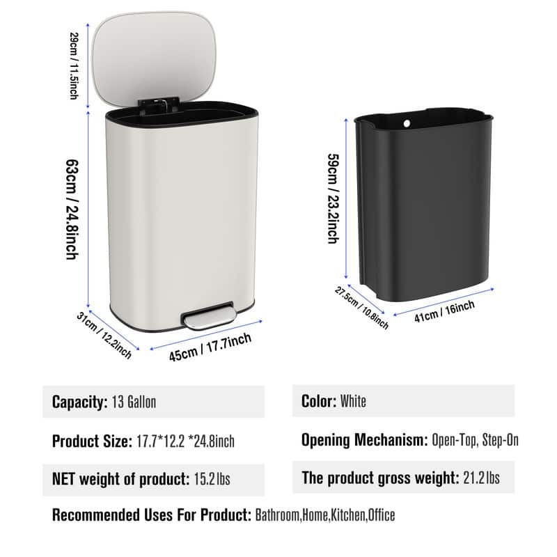 Black Grey 13 Gallon 50L Step-on Kitchen Trash Can with Soft Close for Home,Office