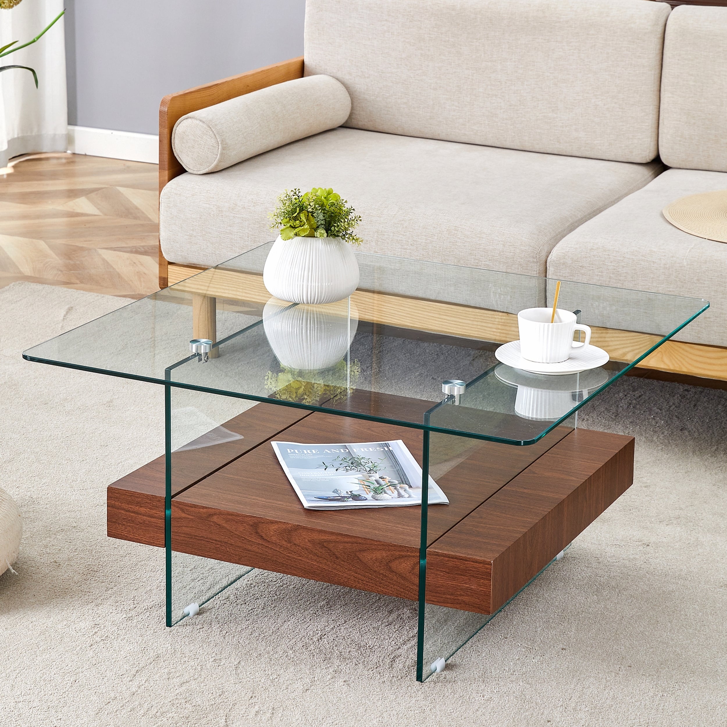 31.4 Inch Modern Two-Tier Square Coffee Table with Clear Glass and Walnut Texture Sticker for Any Living Room
