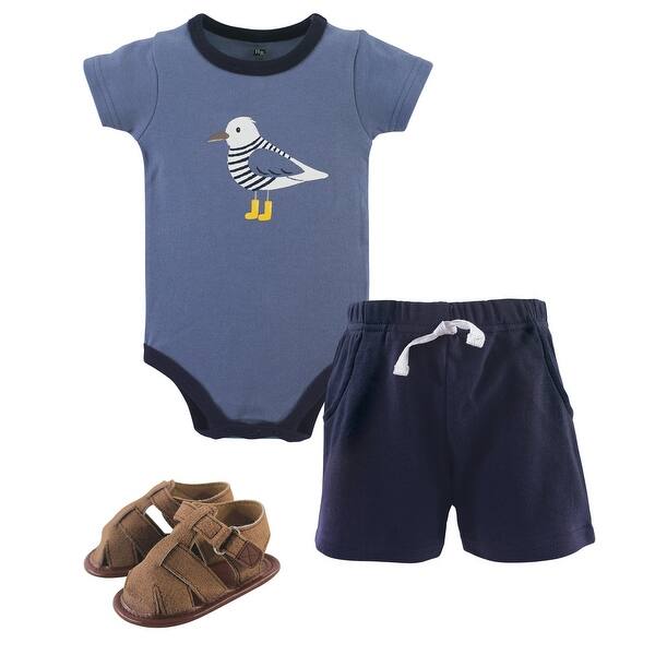 slide 1 of 1, Hudson Baby Infant Boy Cotton Bodysuit, Shorts and Shoe 3pc Set, Seagull 0-3 Months - Seagull