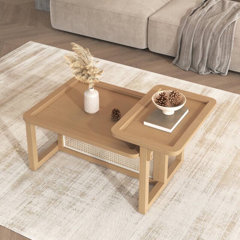 Modern 2 Piece Nesting Rattan Wood+ MDF Coffee Table Set For Living Rooom