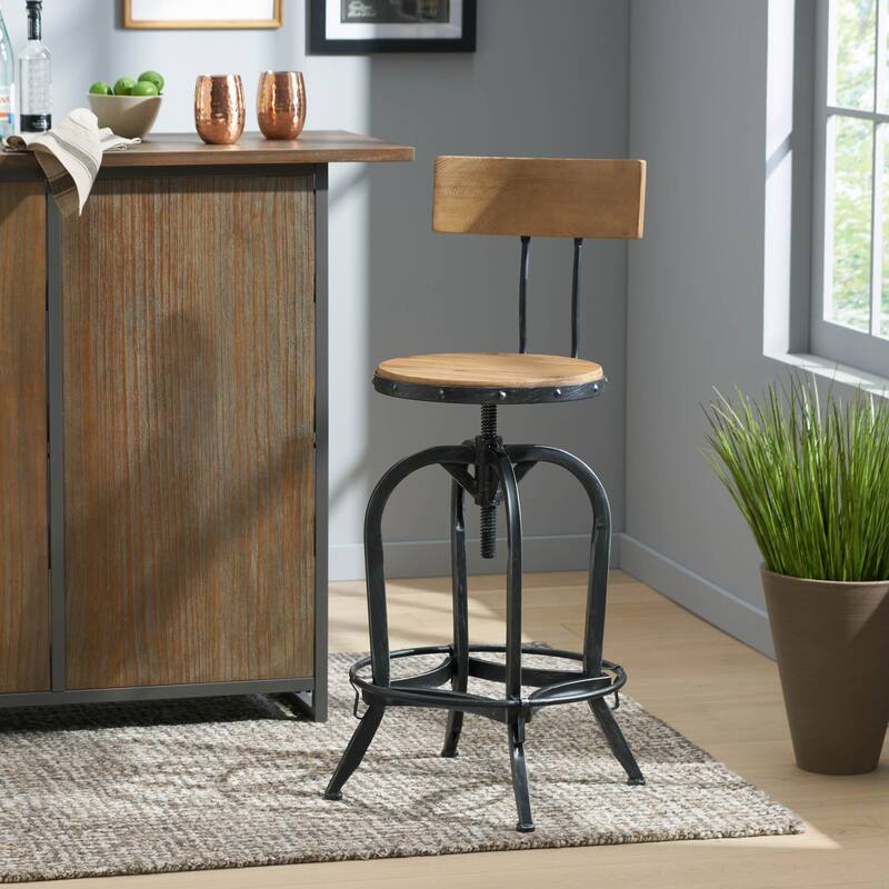 Roomfitters Industrial Adjustable Bar Stool with Wood Seat and Backrest, Swivel Metal Frame with Footrest, Natural Black
