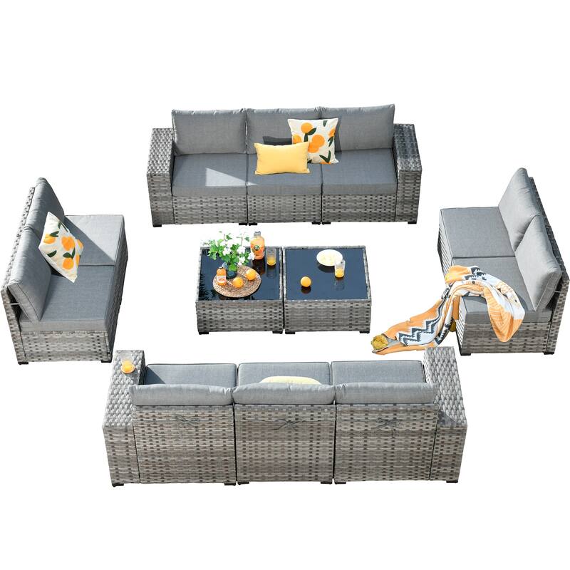 HOOOWOOO 12-Piece Rattan Outdoor Patio Furniture Modular Wide Armrest Sectional Set