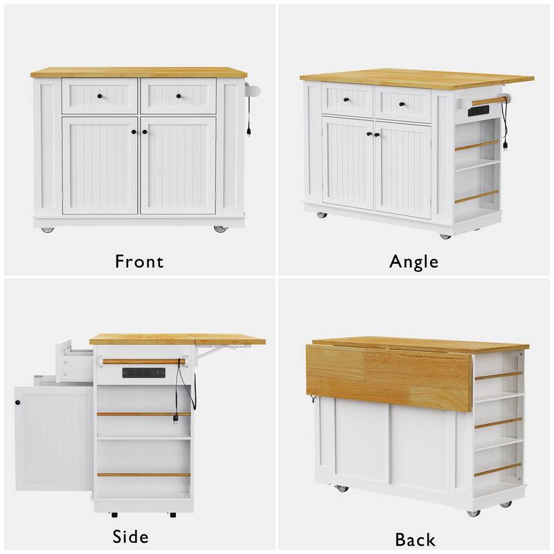 48"Kitchen Island with 2 Bar Stools,Power Outlet,Door Internal Storage Rack,5 Wheels,with Drop Leaf,5 Open Side Racks,2 Drawers