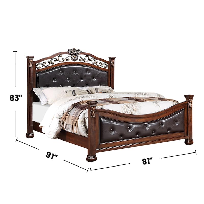 Bed with Crafted Upholstered Headboard in Dark Cherry