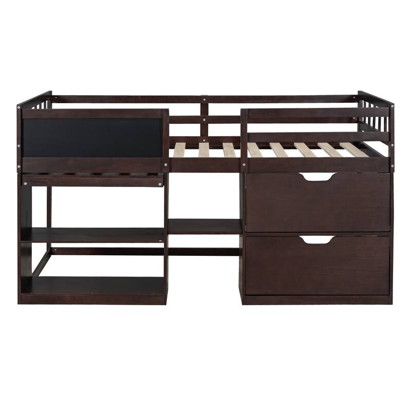 Twin Size Low Loft Bed with Rolling Desk, Shelves, and Drawers - Space Saving Design