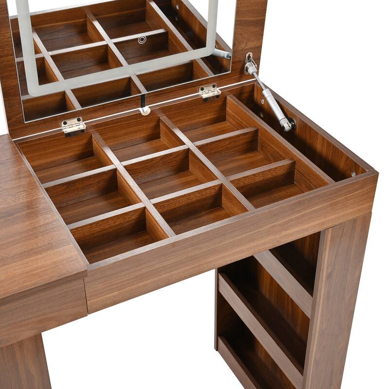 Makeup Vanity Desk with Flip-Top Mirror and Lights, L-shaped Makeup Vanity Dressing Table with 7 Drawers for Bedroom