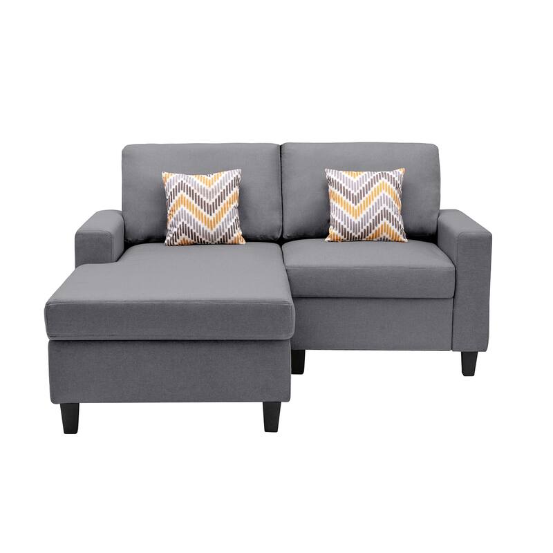 Linen Fabric 2-Seater Reversible Sofa Chaise with Pillows and Interchangeable Legs in Grey