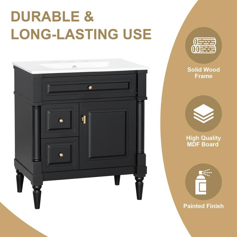 Roomfitters 30" Bathroom Vanity with Sink, Solid Wood Frame, Flip Drawer, 2 Drawers & Door Rack