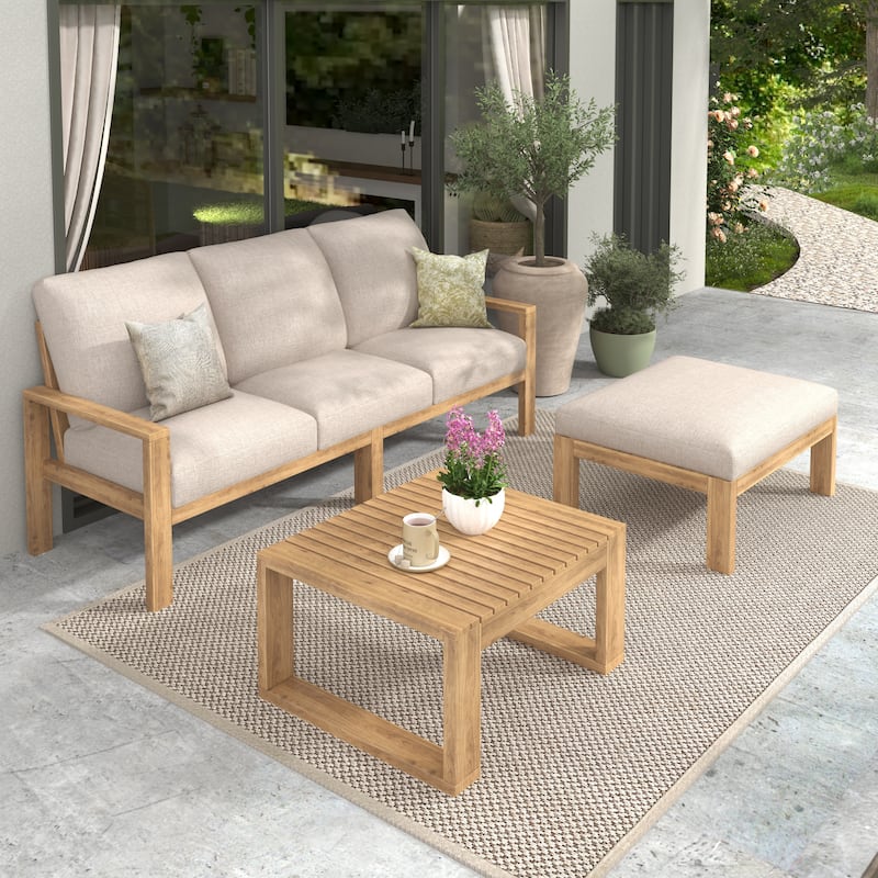 Christopher Knight Home - Ethan Outdoor 3-Piece Acacia Wood Sectional Sofa Set with Cushions