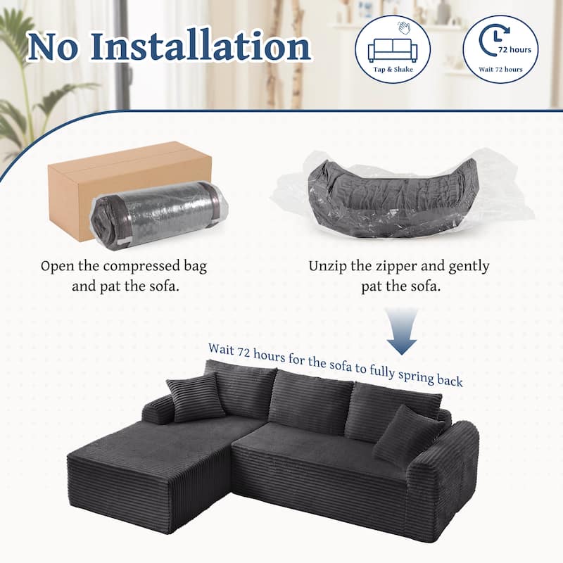 Modular Cloud Sectional Couch with Chaise, Corduroy Upholstered Boneless Sofa, Full-Compression Sofa with 2 Throw Pillows