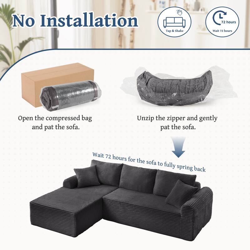 Modular Corduroy Sectional Sofa with Arched Armrests & Pillows, Modern L-Shape Upholstered Couches with Chaise for Apartment