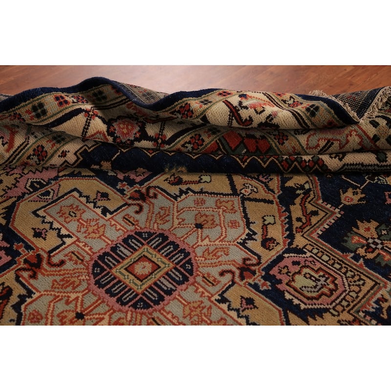 Blue Geometric Heriz Serapi Indian Area Rug Handmade Wool Carpet - 8'9"x 11'11"