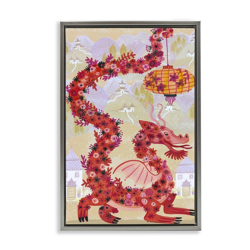 Stupell Dragon & Lantern Mythology Framed Floater Canvas Wall Art Design By Kay Widdowson - 17 x 25 - Grey