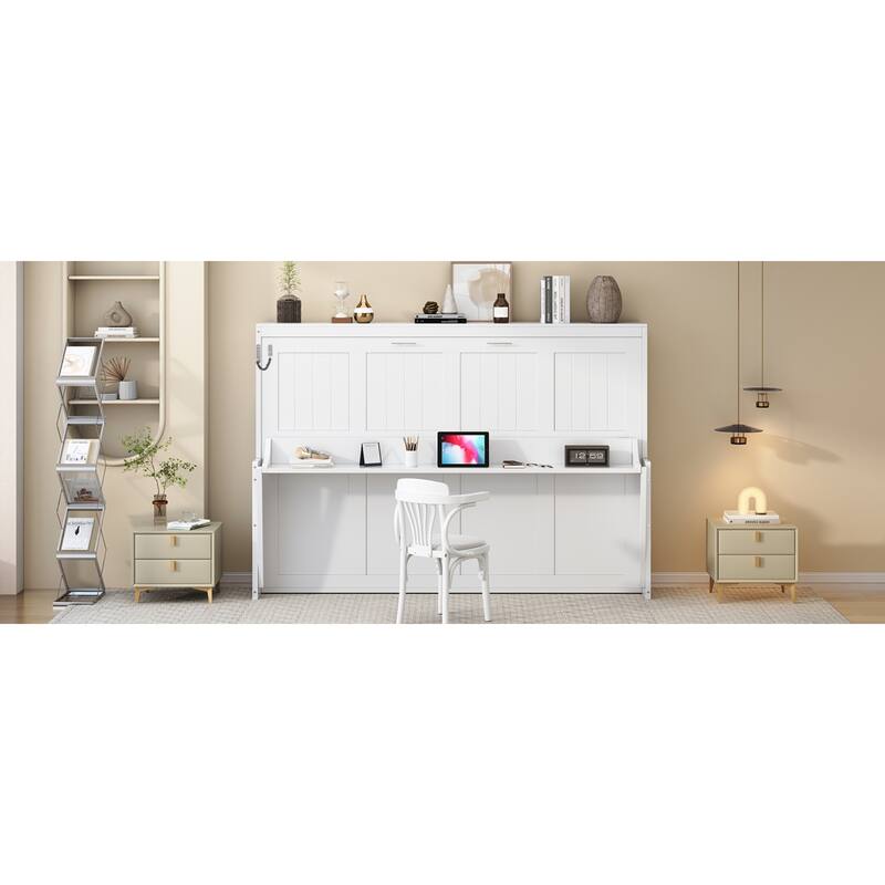 Roomfitters Full/Queen Murphy Bed with Hydraulic Lift and Folding Desk, Space Saving Wall Mounted Sleeper