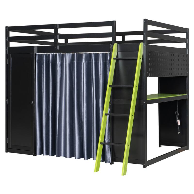 Roomfitters Full Size Loft Bed with Wardrobe, Desk, Blackout Curtains and RGB Lights