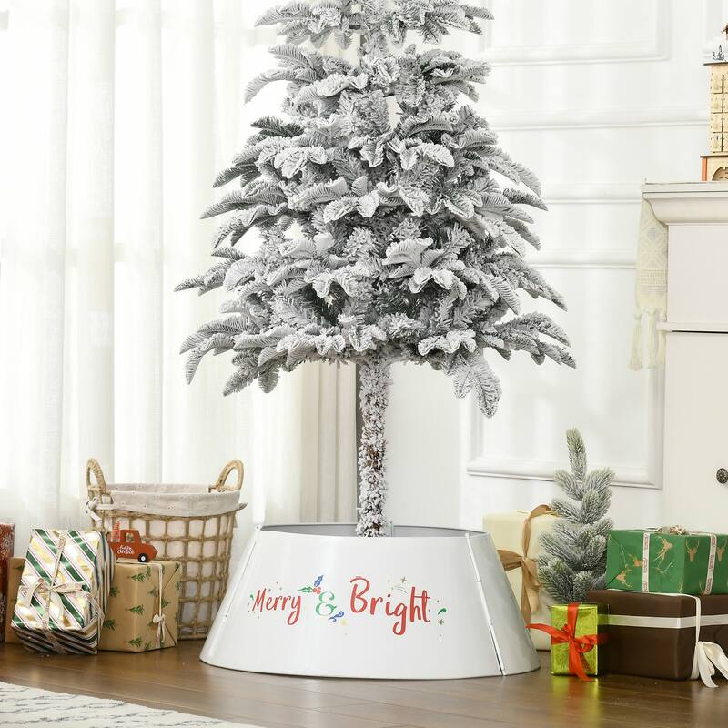 Cream White Christmas Tree Collar with Merry & Bright Letters and Metal Base Cover for Holiday Decor - 26" x 11" H