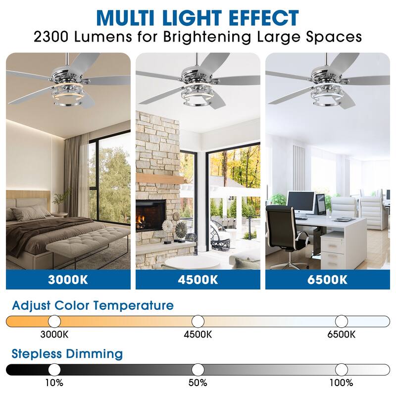 52" Farmhouse Chrome Integrated LED Dimmable Ceiling Fan with Light and Remote - 52 in. W x 52 in. D x 13 in. H