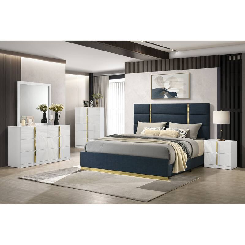 Ines Bedroom Set Navy and White High Gloss - Queen - 5 Piece
