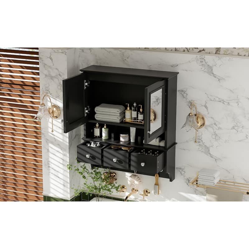 4-in-1 Bathroom Mirror Cabinet,24"Wall Mounted Medicine Cabinet with Drawers & Organizer Hooks,High-Define Mirrors with Storage