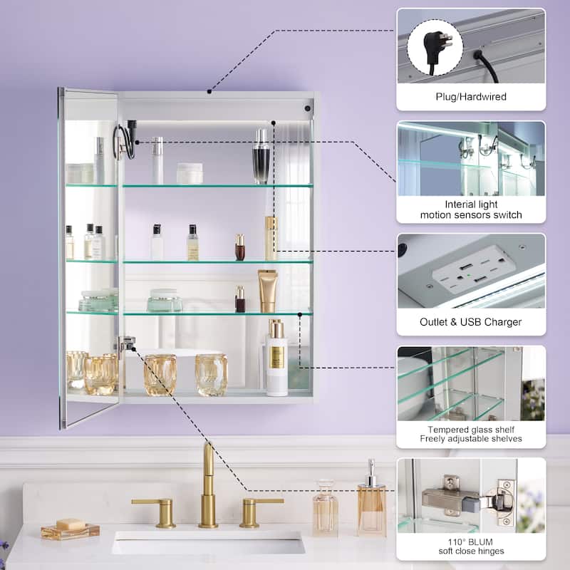 Recessed or Surface 30" H LED Mirror Cabinet with Adjustable Glass Shelves,Defogger, Dimmer And Outlets & USB Ports