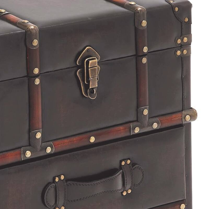 Dark Brown Faux Leather Vintage Faux Leather 2 Drawer Cabinet with Buckle Hinged Top