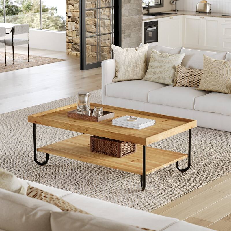 47 Inch Solid Wood Coffee Table 2-Tier Rectangular Center Table