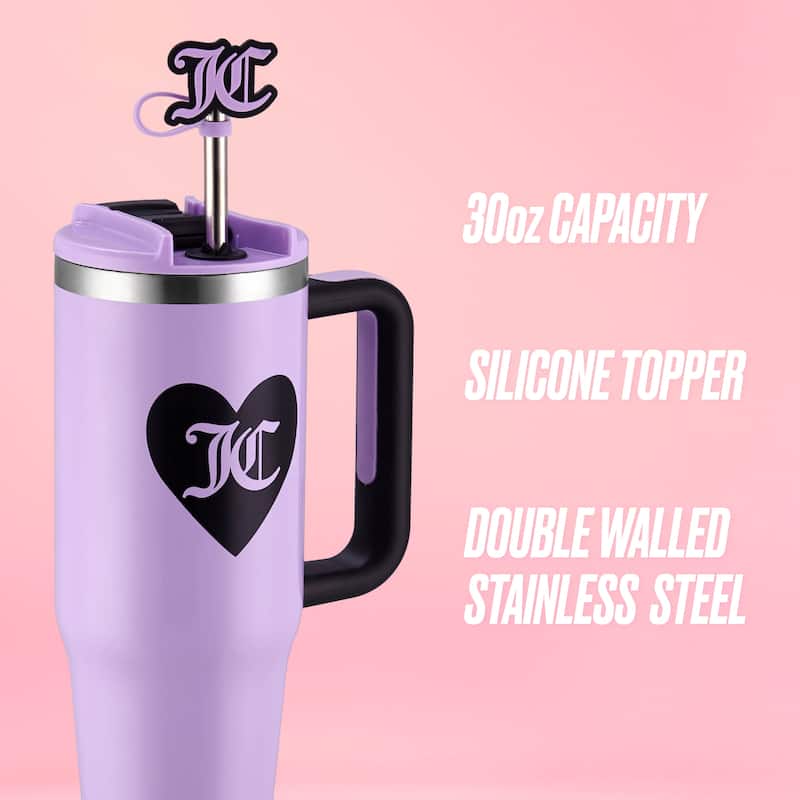 Juicy Couture Jetsetter Hydration Stainless Steel Tumbler with Handle and Straw With Topper