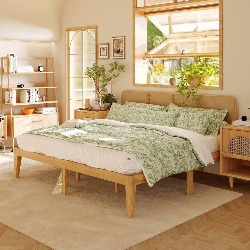 Solid Wood Platform Bed Frame with Rattan Headboard, 600 lbs Heavy Duty Support, Plywood Slats Queen / Full Size