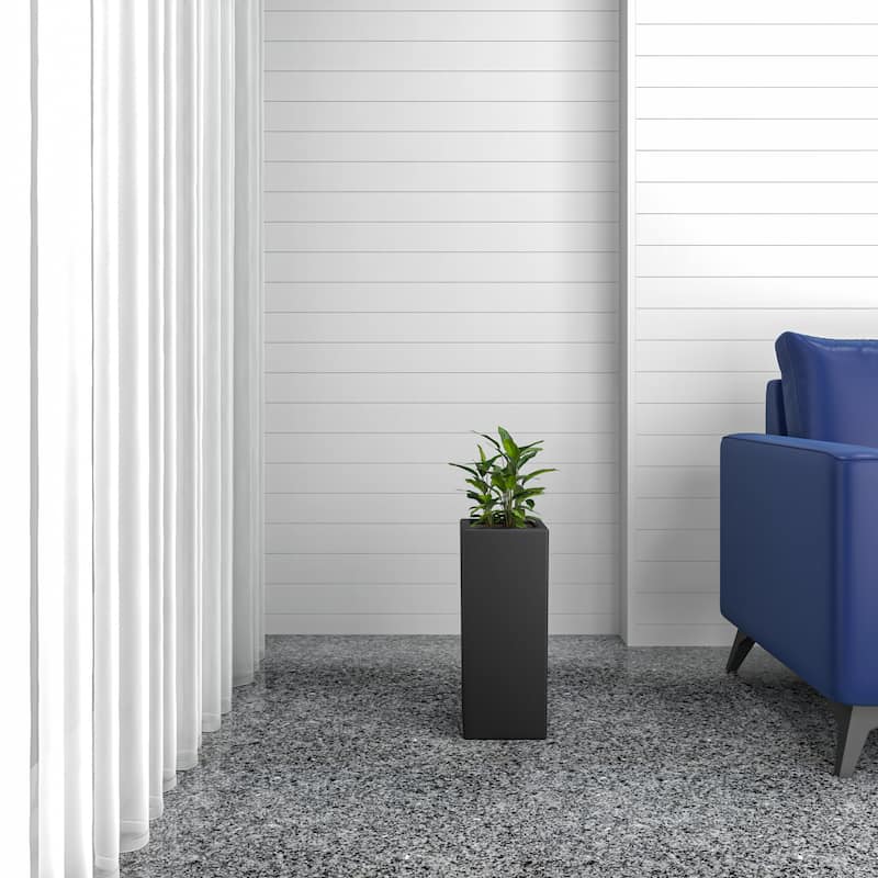 Terra Modern Durable Tall Square Fiberstone and MGO Clay Planter With Drainage Holes for Indoor Outdoor Decorative Plant Pot