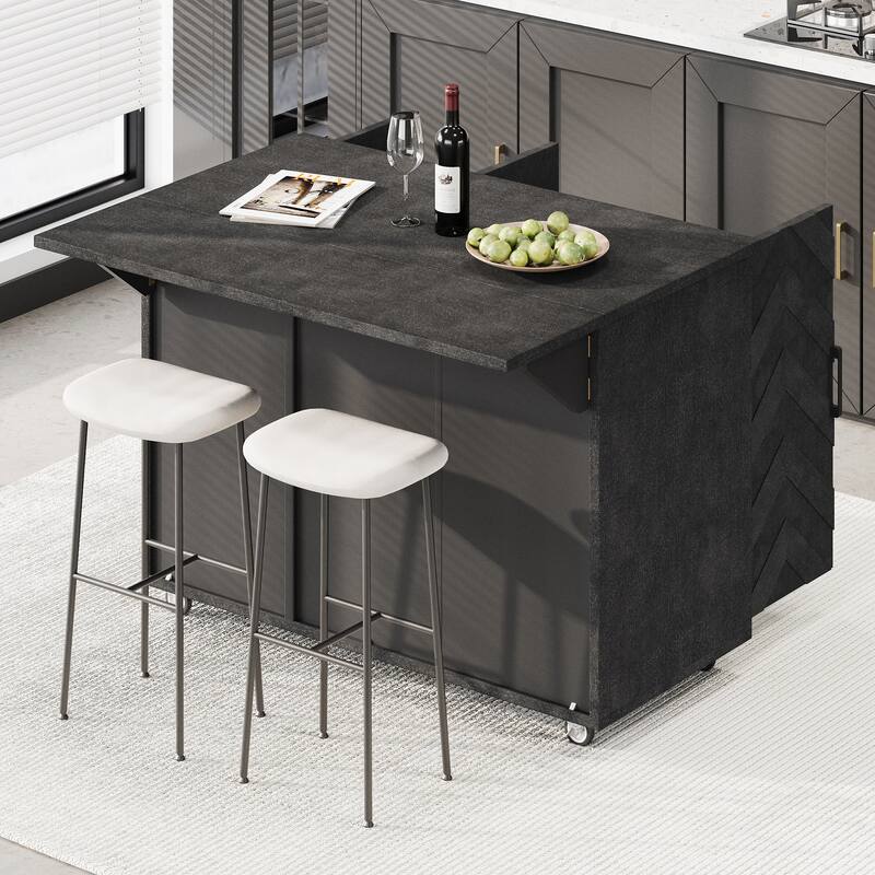 Farmhouse Style 51.2" Rolling Kitchen Island with 3D Wave Stripes Ash Veneer, Drop Leaf & Storage Racks
