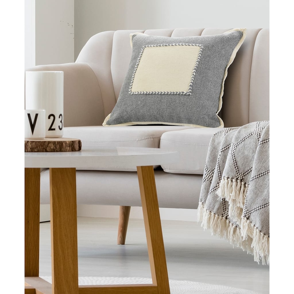 Handwoven Geometric Throw Pillow Cover - 20" - Gray and White