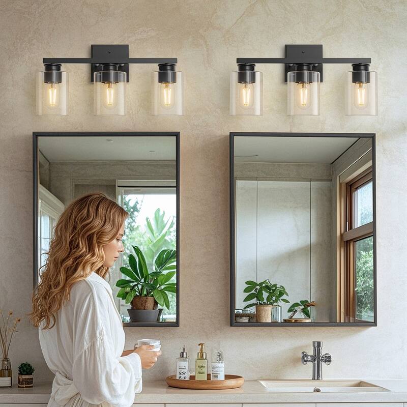 YANSUN 3-Light Bathroom Light Fixtures, Black Vanity Lights with Clear Glass Shade