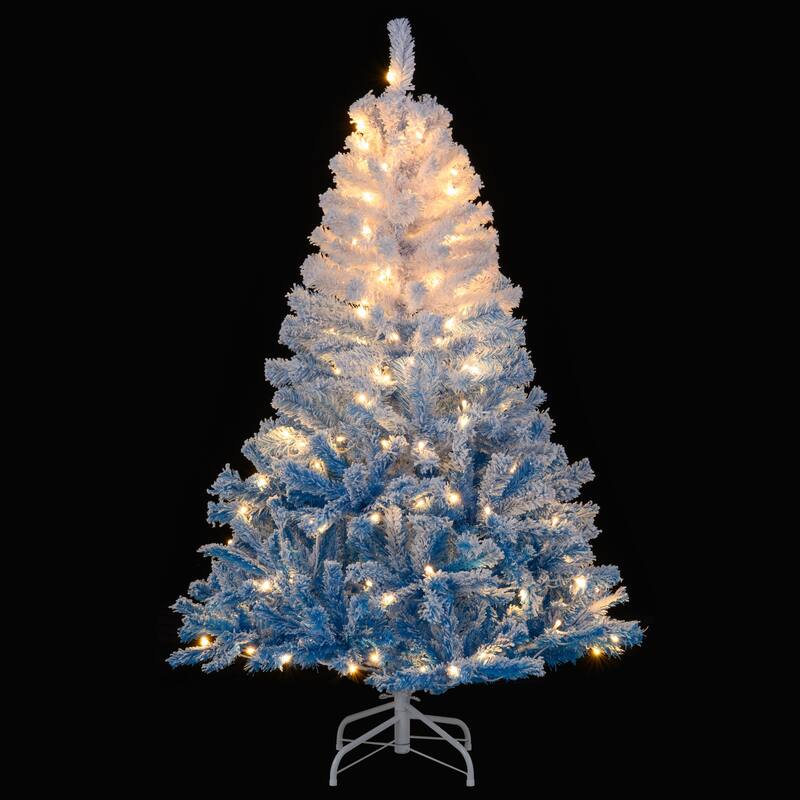 Gymax 5/6/7/8 FT Artificial Christmas Tree Hinged Snow Flocked Xmas - Blue, White