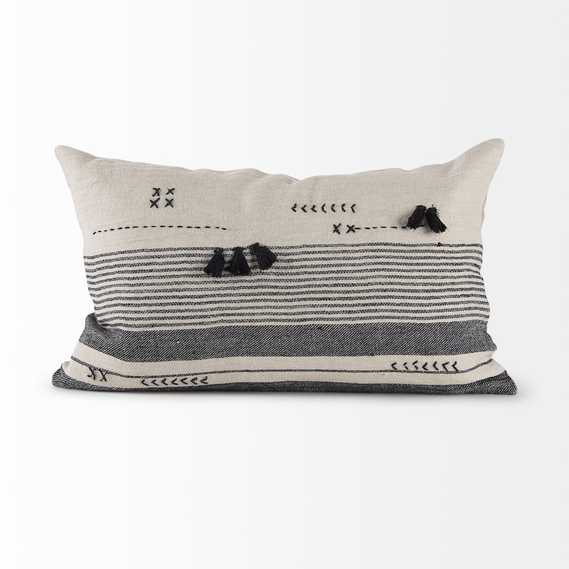 Thalia 13L x 21W Dark Gray and Cream Fabric Striped and Fringed Decorative Pillow Cover