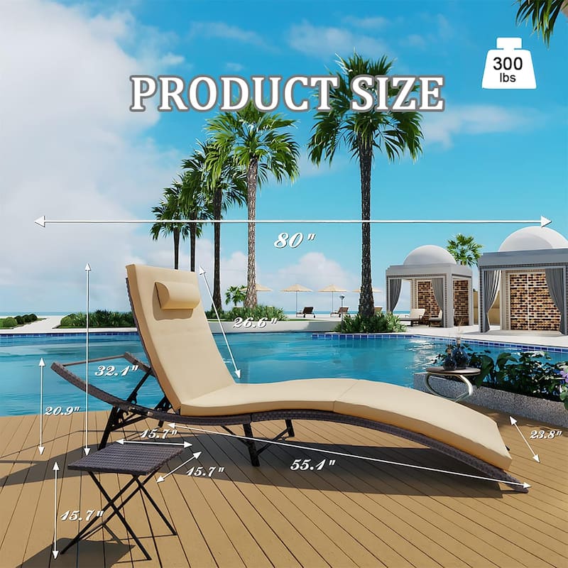 3-Pieces Wicker Outdoor Chaise Lounge Set w/ Two Foldable Lounge Chairs and one Side Table
