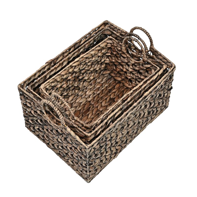 Woven Hyacinth Rectangular Storage Baskets with Handles (Set of 3)