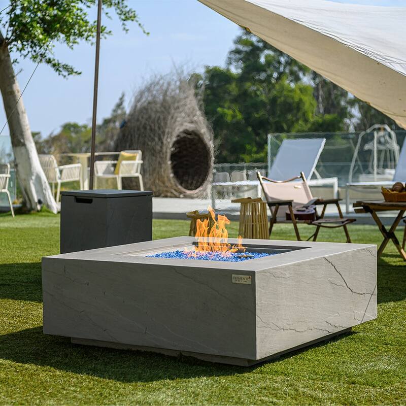 Elementi Plus Capertee Outdoor Fire Pit Table Concrete Square 60000 BTU - 40 x 40 inches with Lid, Fire Glass, and Cover