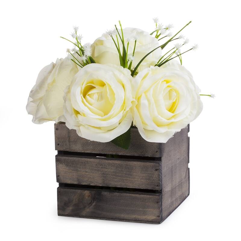 Enova Home Artificial Mixed Silk Roses Fake Flowers Arrangement with Wood Planter for Home Wedding Centerpiece - Cream