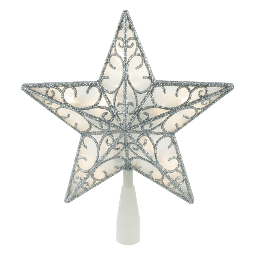 9" LED Lighted Silver Glitter Star Christmas Tree Topper Warm White Lights - 9