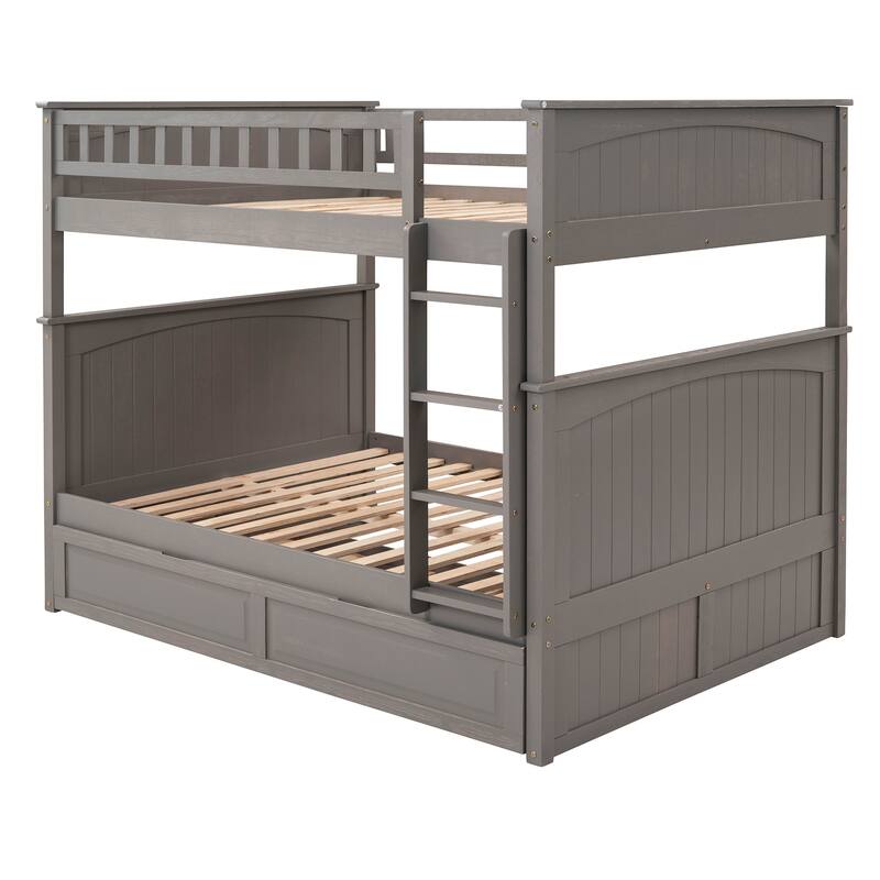 Full Over Full Bunk Bed with Twin Size Trundle, Pine Wood Bunk Bed with Guardrails, Brushed Gray