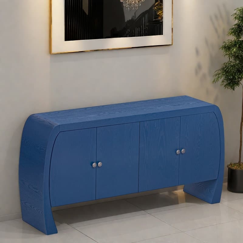 58.6" MDF Vintage 4-DoorConsole Tables - Ash Veneer with Antique Brass Handles & Curved Arc Legs