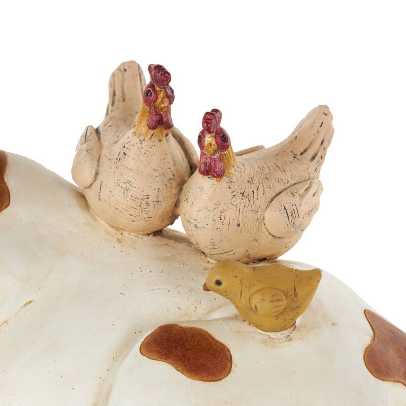 Polystone Cow Decorative Sculpture with Sitting Roosters and Chicks - Copper or Cream